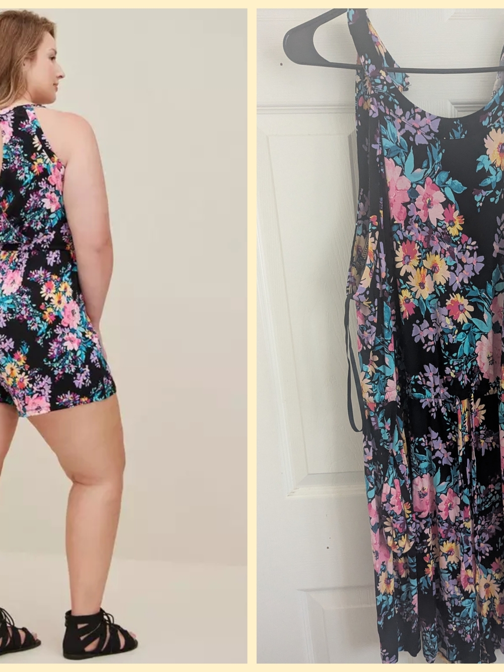 torrid Black Floral Romper with Pink, Yellow & Teal Flowers